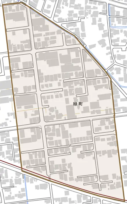 緑町とその周辺の地図。町の範囲を重ねている