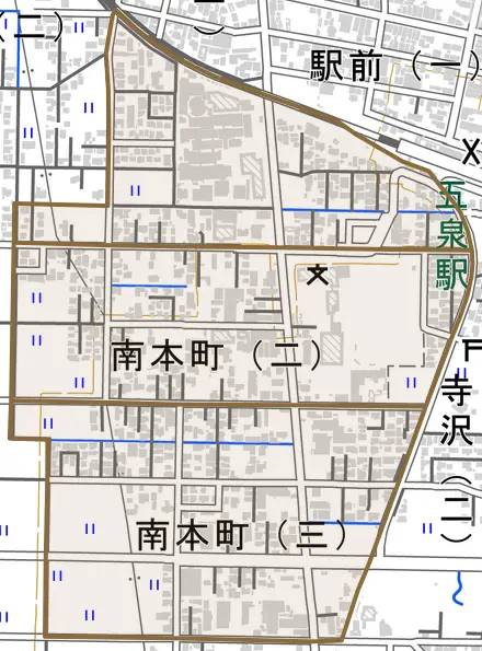 南本町とその周辺の地図。町の範囲を重ねている
