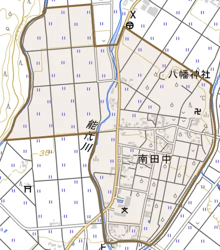 南田中とその周辺の地図。町の範囲を重ねている