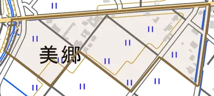 美郷とその周辺の地図。町の範囲を重ねている