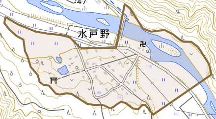 水戸野とその周辺の地図。町の範囲を重ねている