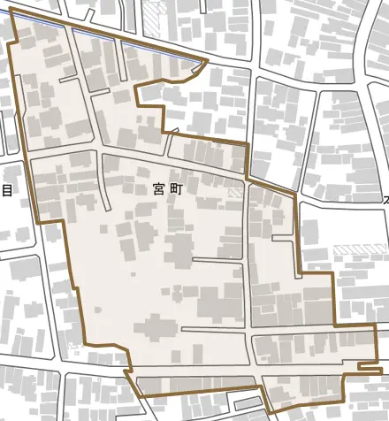 宮町とその周辺の地図。町の範囲を重ねている