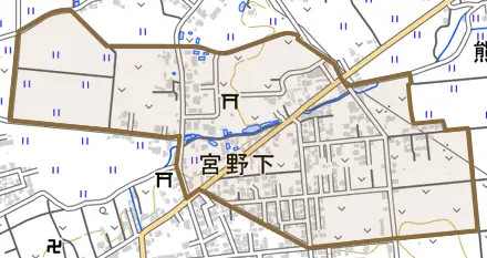 宮野下とその周辺の地図。町の範囲を重ねている