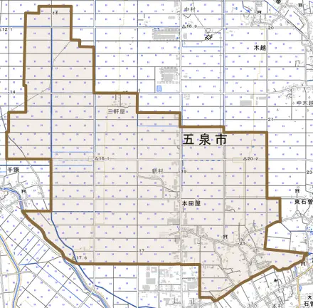本田屋とその周辺の地図。町の範囲を重ねている