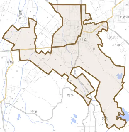 村松とその周辺の地図。町の範囲を重ねている
