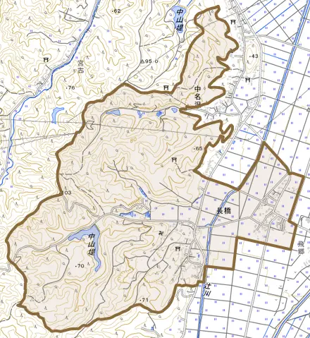 長橋とその周辺の地図。町の範囲を重ねている