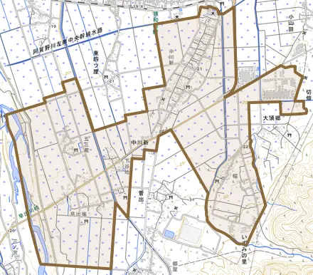 中川新とその周辺の地図。町の範囲を重ねている