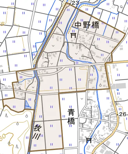 中野橋とその周辺の地図。町の範囲を重ねている