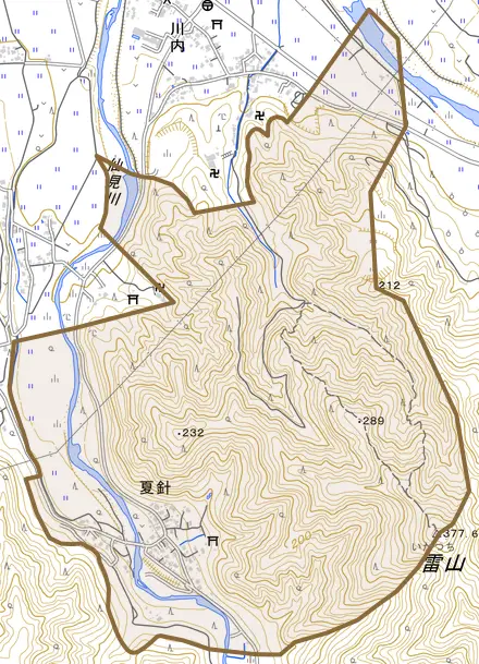 夏針とその周辺の地図。町の範囲を重ねている