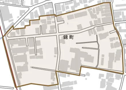 錦町とその周辺の地図。町の範囲を重ねている