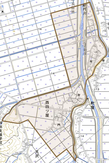 西四ツ屋とその周辺の地図。町の範囲を重ねている