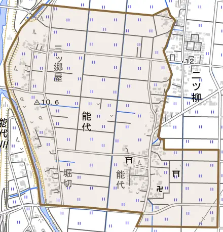 能代とその周辺の地図。町の範囲を重ねている