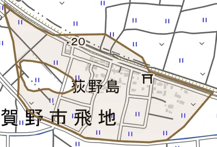 荻野島とその周辺の地図。町の範囲を重ねている