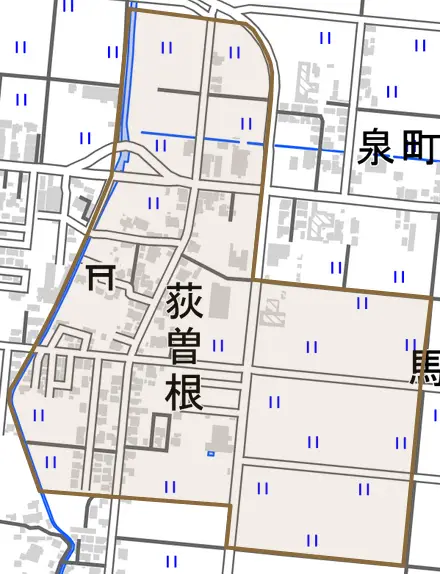 荻曽根とその周辺の地図。町の範囲を重ねている
