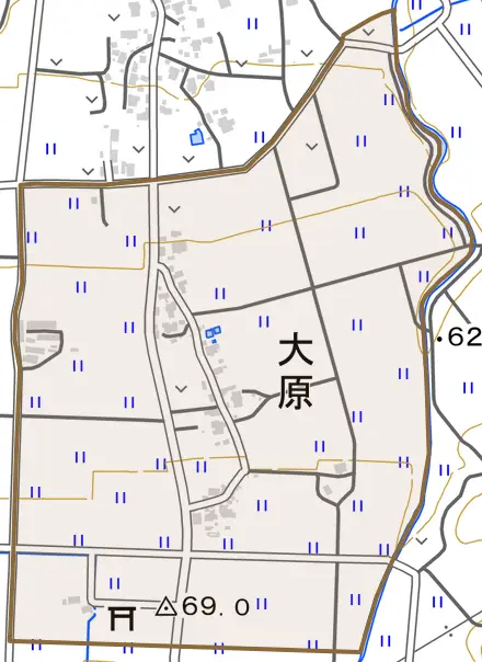 大原とその周辺の地図。町の範囲を重ねている