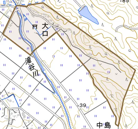 大口とその周辺の地図。町の範囲を重ねている