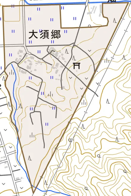 大須郷とその周辺の地図。町の範囲を重ねている