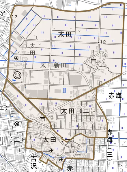太田とその周辺の地図。町の範囲を重ねている