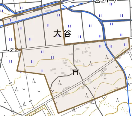 大谷とその周辺の地図。町の範囲を重ねている