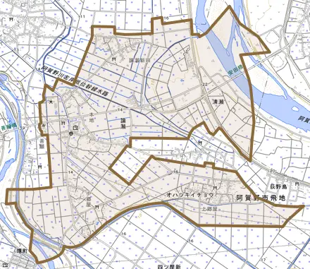 論瀬とその周辺の地図。町の範囲を重ねている