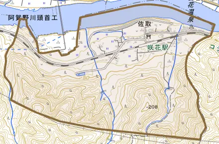 佐取とその周辺の地図。町の範囲を重ねている
