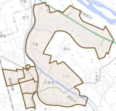 三本木とその周辺の地図。町の範囲を重ねている