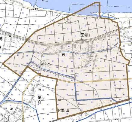 笹堀とその周辺の地図。町の範囲を重ねている