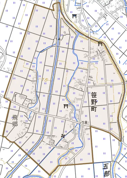 笹野町とその周辺の地図。町の範囲を重ねている