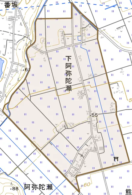 下阿弥陀瀬とその周辺の地図。町の範囲を重ねている