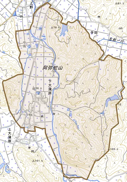 下大蒲原とその周辺の地図。町の範囲を重ねている