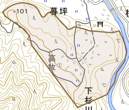 下杉川とその周辺の地図。町の範囲を重ねている