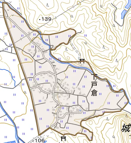 下戸倉とその周辺の地図。町の範囲を重ねている