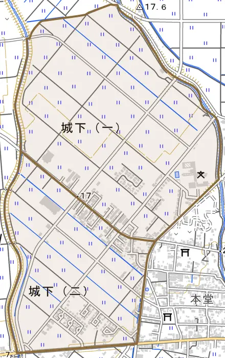 城下とその周辺の地図。町の範囲を重ねている