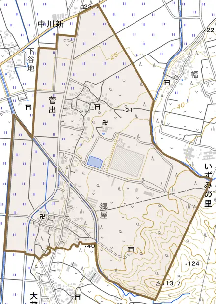 菅出とその周辺の地図。町の範囲を重ねている