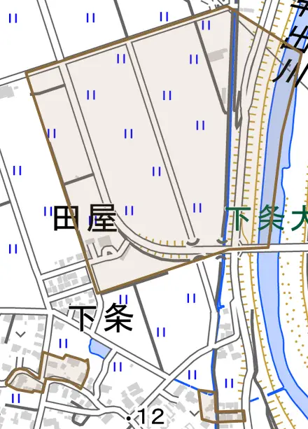 田屋とその周辺の地図。町の範囲を重ねている