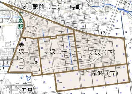 寺沢とその周辺の地図。町の範囲を重ねている