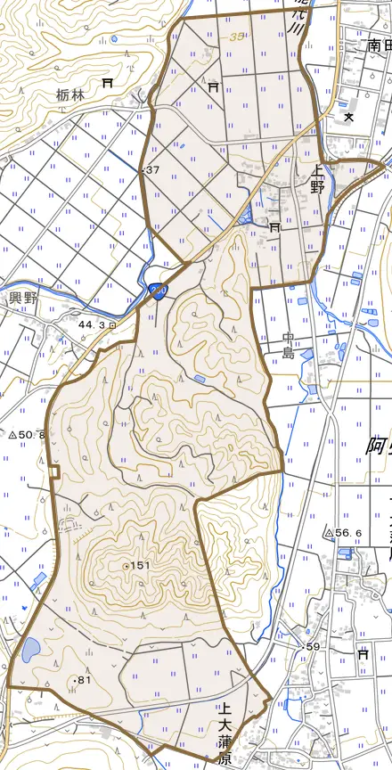 上野とその周辺の地図。町の範囲を重ねている
