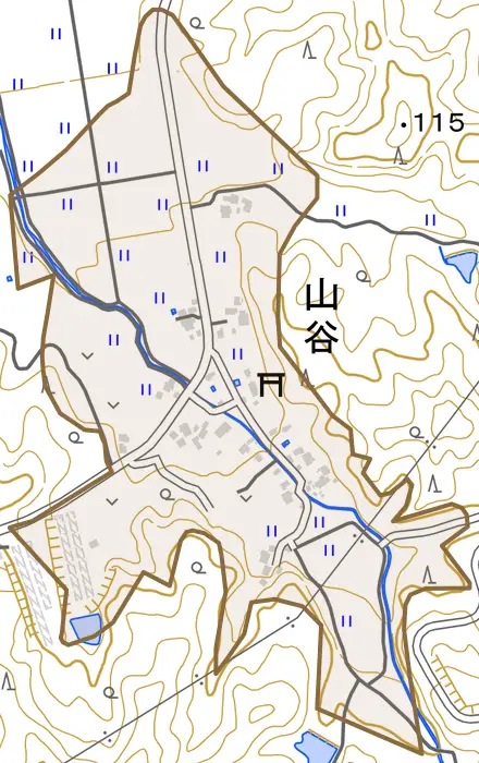 山谷とその周辺の地図。町の範囲を重ねている