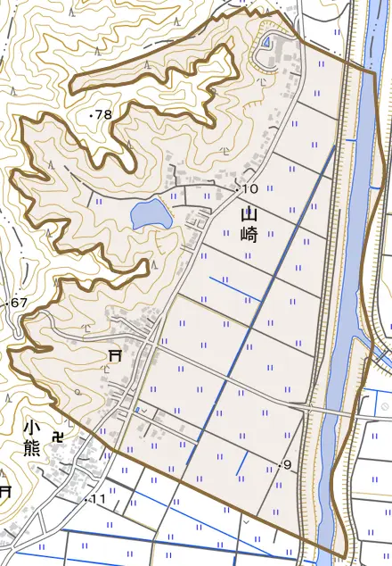 山崎とその周辺の地図。町の範囲を重ねている