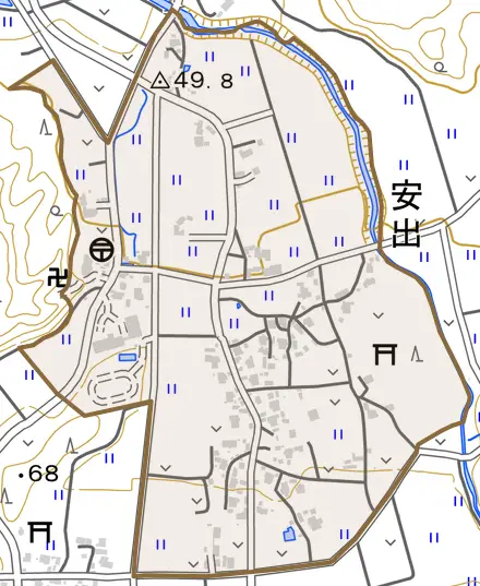 安出とその周辺の地図。町の範囲を重ねている