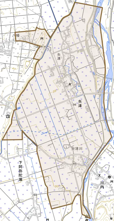 矢津とその周辺の地図。町の範囲を重ねている