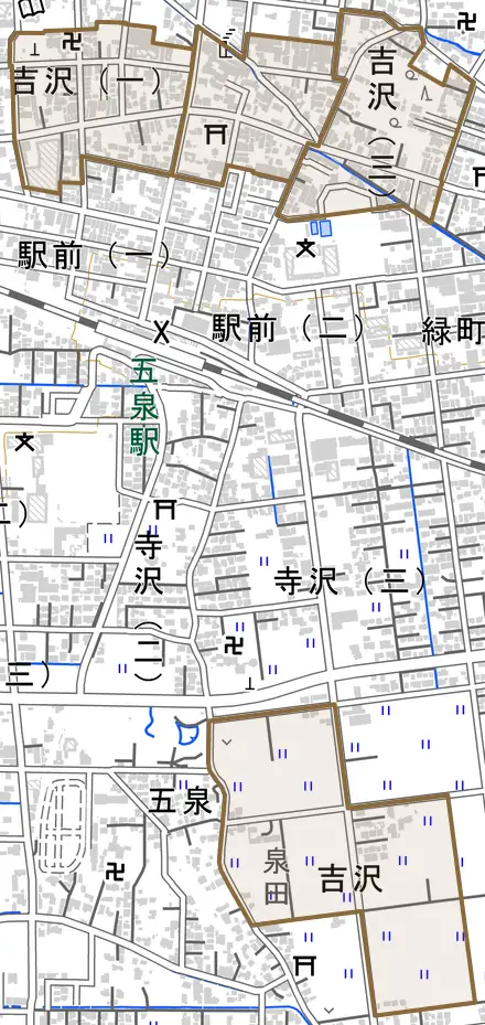 吉沢とその周辺の地図。町の範囲を重ねている