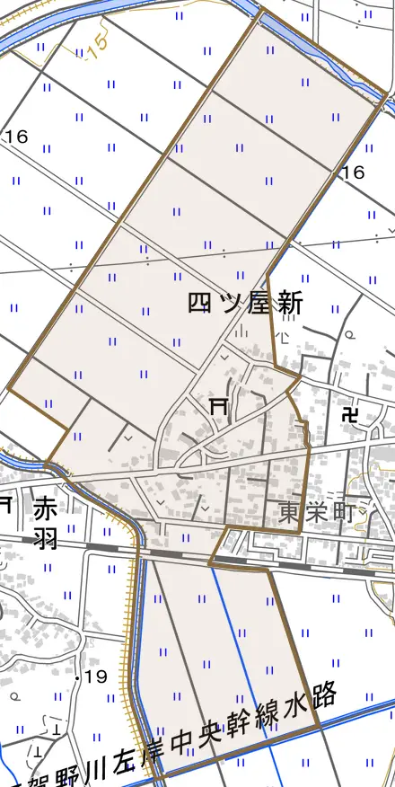 四ツ屋新とその周辺の地図。町の範囲を重ねている
