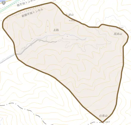 大字上路とその周辺の地図。町の範囲を重ねている