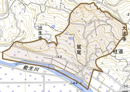 大字大道寺とその周辺の地図。町の範囲を重ねている