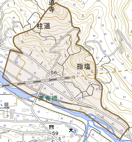 大字柱道とその周辺の地図。町の範囲を重ねている