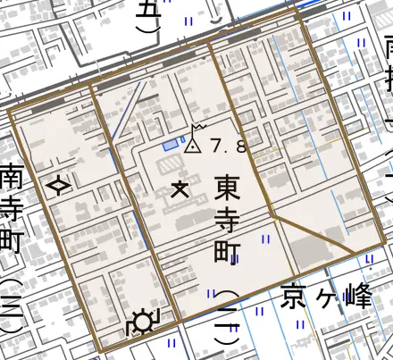 東寺町とその周辺の地図。町の範囲を重ねている