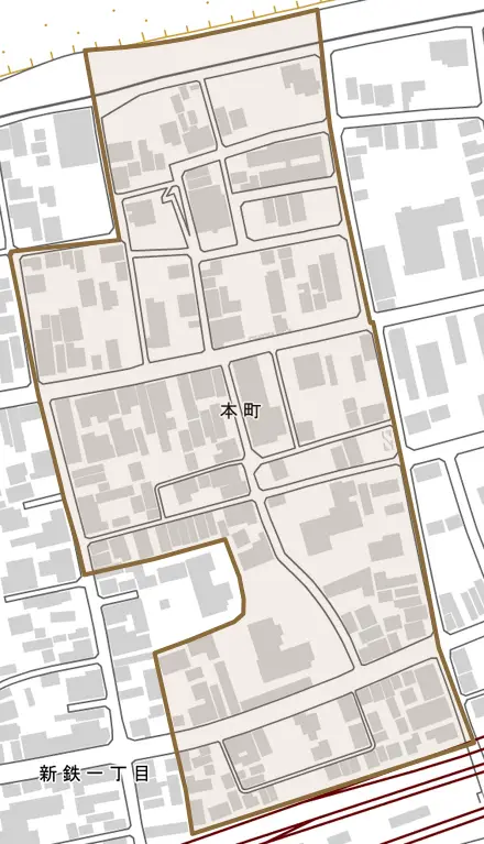 本町とその周辺の地図。町の範囲を重ねている
