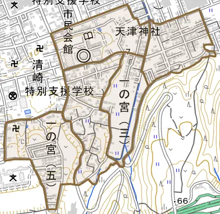 一の宮とその周辺の地図。町の範囲を重ねている