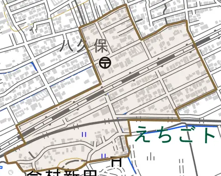 大字今村新田とその周辺の地図。町の範囲を重ねている